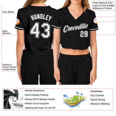 Custom Women's Black White-Gray V-Neck Cropped Baseball Jersey - Owls Matrix LTD