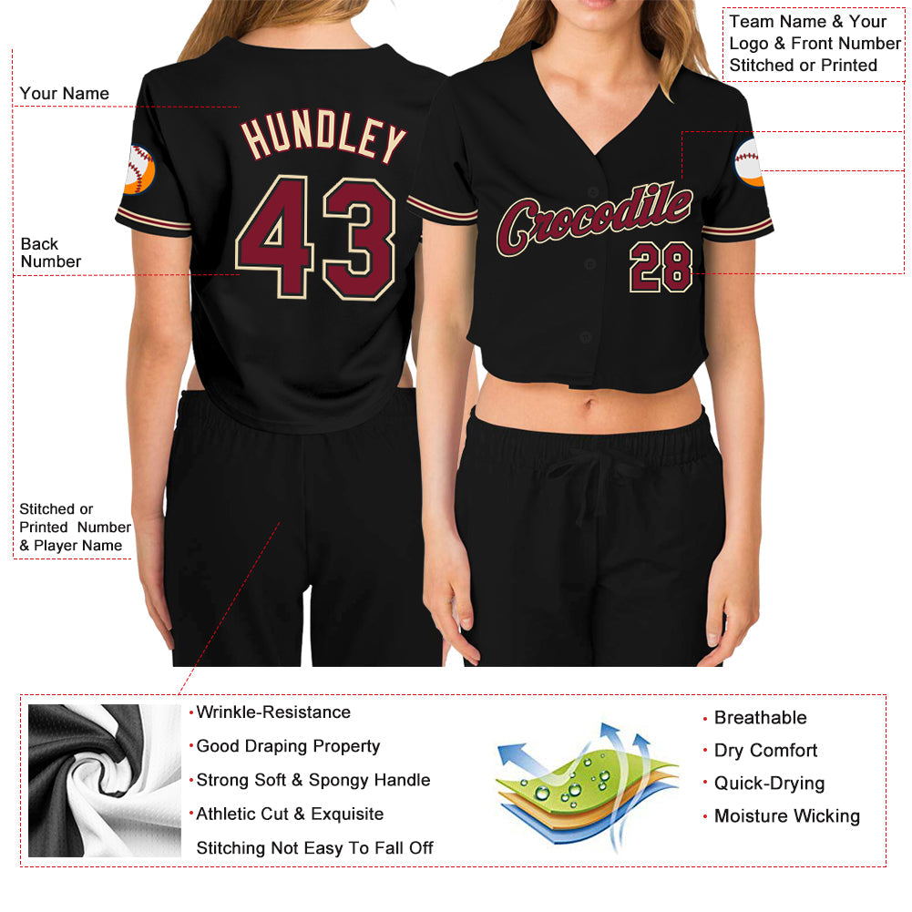 Custom Women's Black Crimson-Khaki V-Neck Cropped Baseball Jersey - Owls Matrix LTD