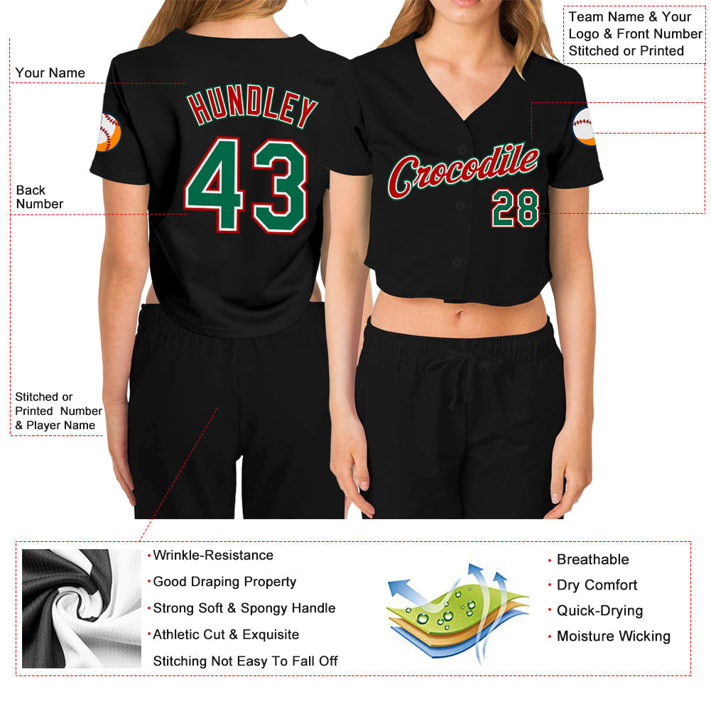 Custom Women's Black Kelly Green Red-White V-Neck Cropped Baseball Jersey - Owls Matrix LTD