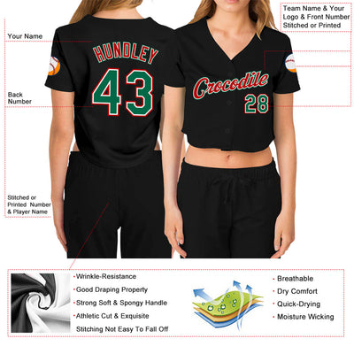 Custom Women's Black Kelly Green Red-White V-Neck Cropped Baseball Jersey - Owls Matrix LTD
