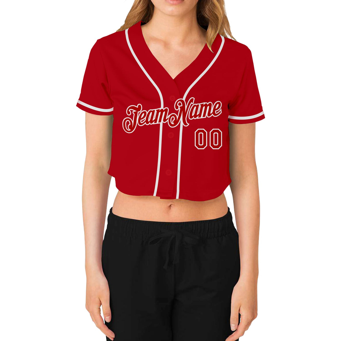 Custom Women's Red Red-White V-Neck Cropped Baseball Jersey - Owls Matrix LTD