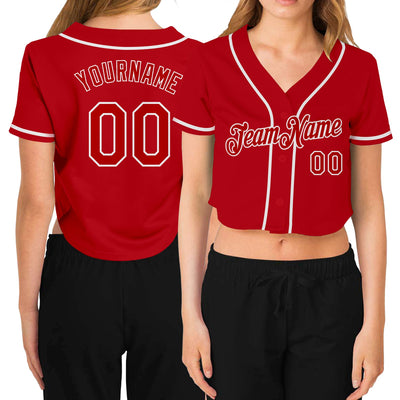 Custom Women's Red Red-White V-Neck Cropped Baseball Jersey - Owls Matrix LTD