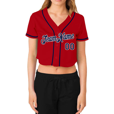 Custom Women's Red Navy-White V-Neck Cropped Baseball Jersey - Owls Matrix LTD