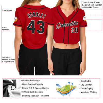 Custom Women's Red Black-White V-Neck Cropped Baseball Jersey - Owls Matrix LTD
