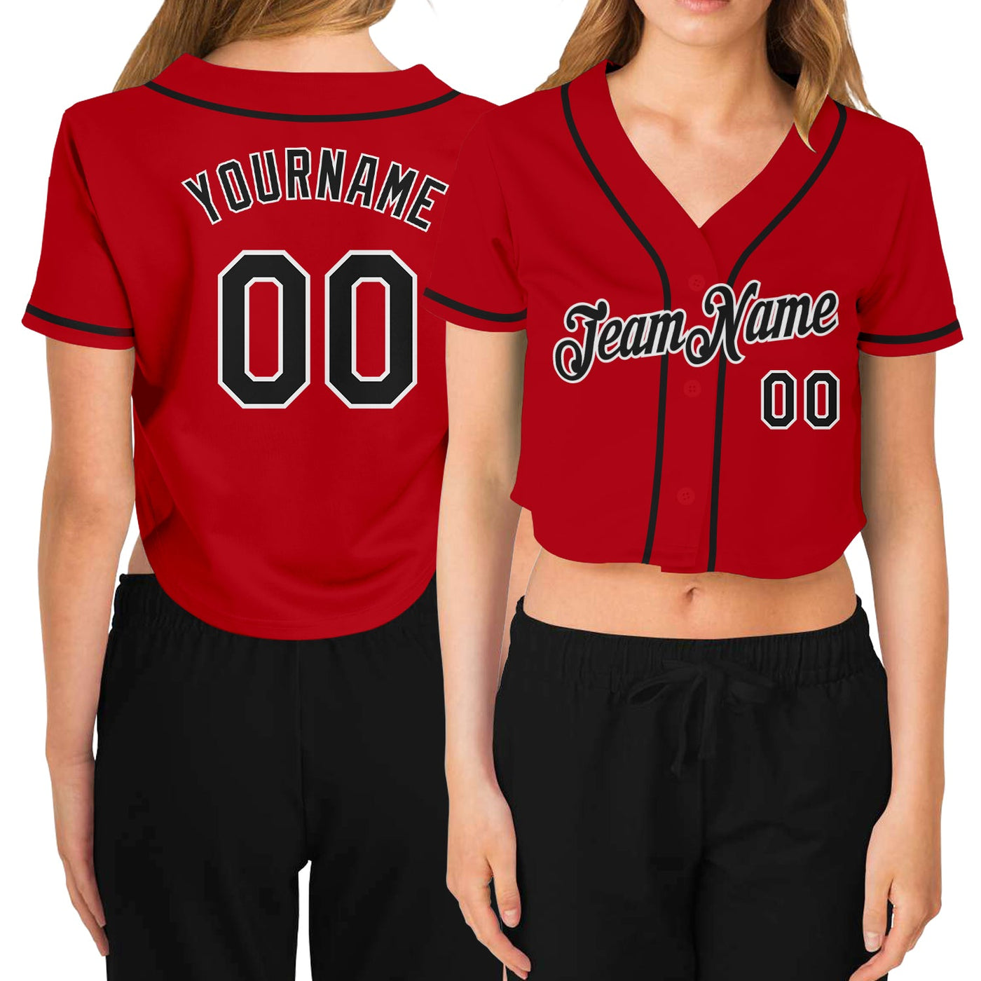 Custom Women's Red Black-White V-Neck Cropped Baseball Jersey - Owls Matrix LTD