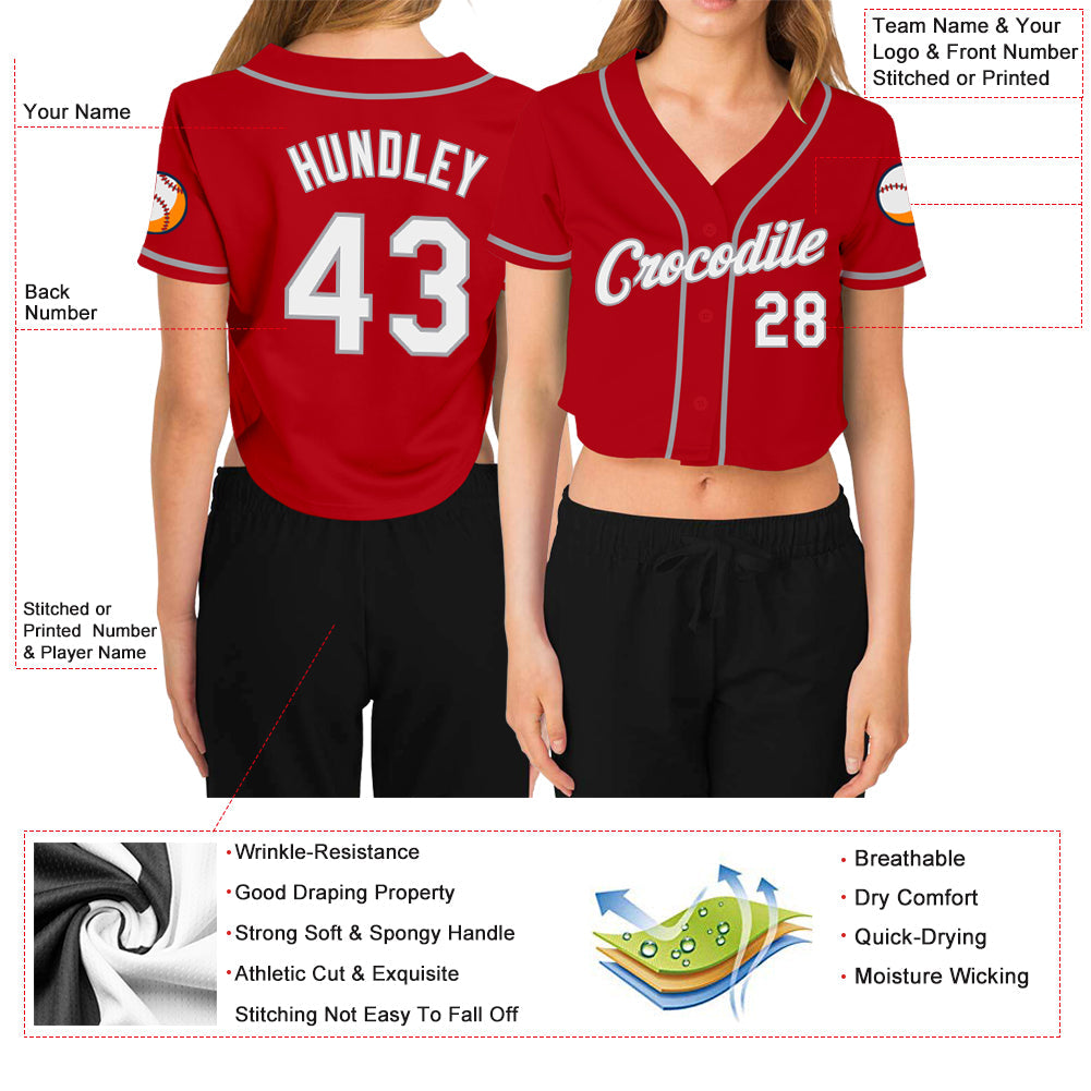 Custom Women's Red White-Gray V-Neck Cropped Baseball Jersey - Owls Matrix LTD
