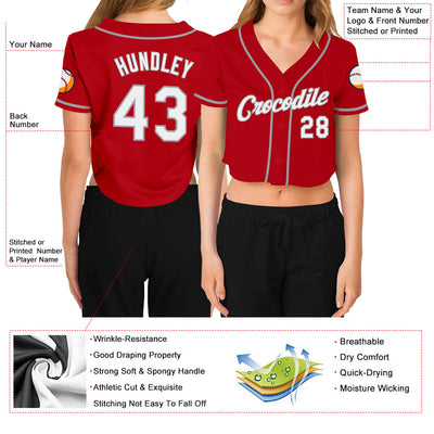 Custom Women's Red White-Gray V-Neck Cropped Baseball Jersey - Owls Matrix LTD