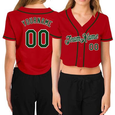 Custom Women's Red Green-White V-Neck Cropped Baseball Jersey - Owls Matrix LTD