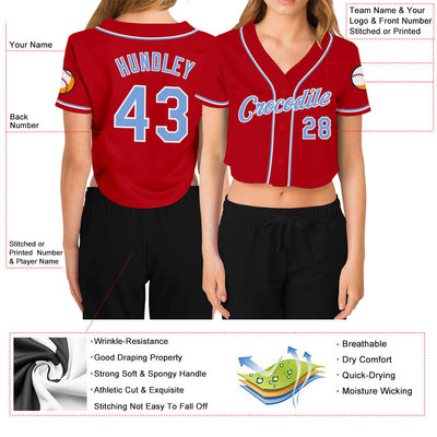 Custom Women's Red Light Blue-White V-Neck Cropped Baseball Jersey - Owls Matrix LTD