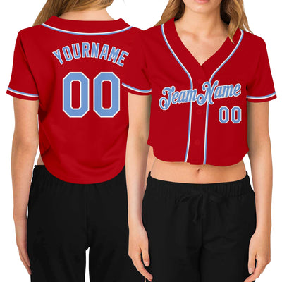 Custom Women's Red Light Blue-White V-Neck Cropped Baseball Jersey - Owls Matrix LTD