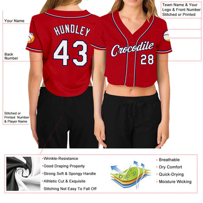 Custom Women's Red White-Navy V-Neck Cropped Baseball Jersey - Owls Matrix LTD