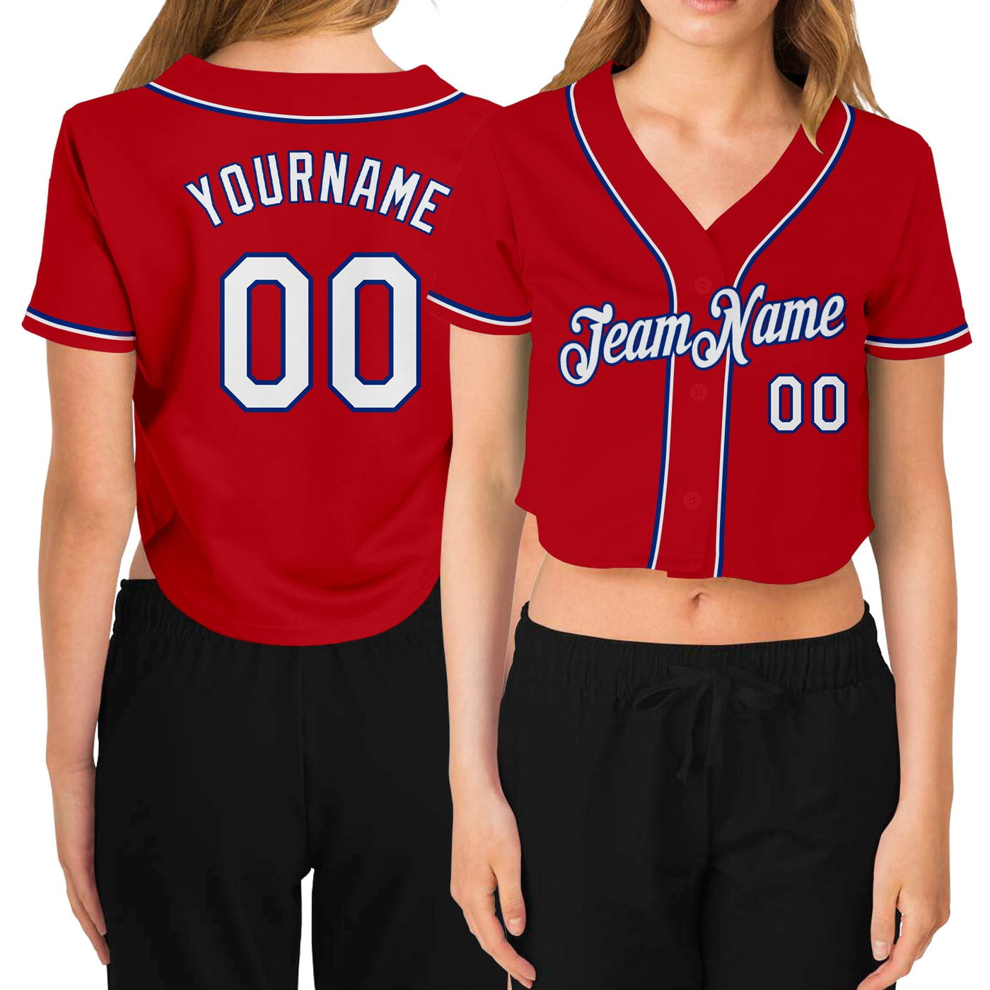 Custom Women's Red White-Royal V-Neck Cropped Baseball Jersey - Owls Matrix LTD