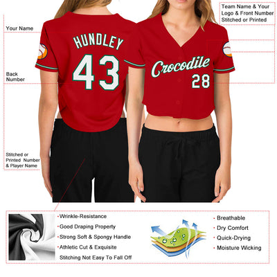Custom Women's Red White-Kelly Green V-Neck Cropped Baseball Jersey - Owls Matrix LTD