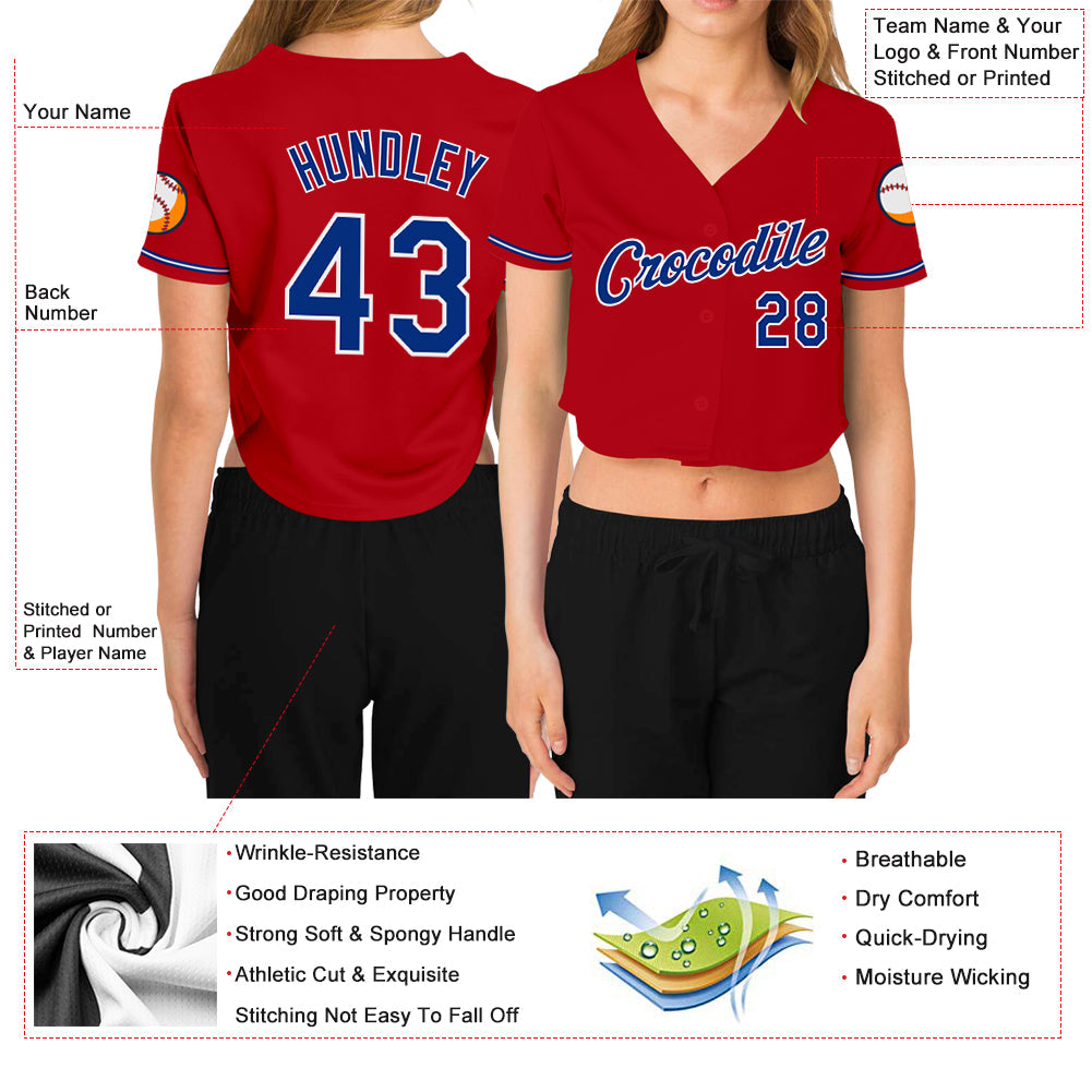 Custom Women's Red Royal-White V-Neck Cropped Baseball Jersey - Owls Matrix LTD