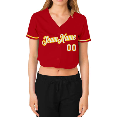 Custom Women's Red White-Gold V-Neck Cropped Baseball Jersey - Owls Matrix LTD