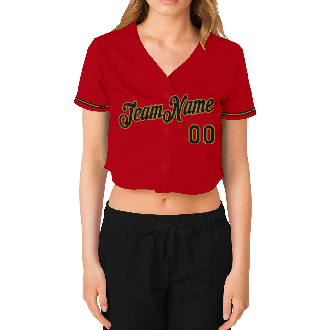 Custom Women's Red Black-Old Gold V-Neck Cropped Baseball Jersey - Owls Matrix LTD