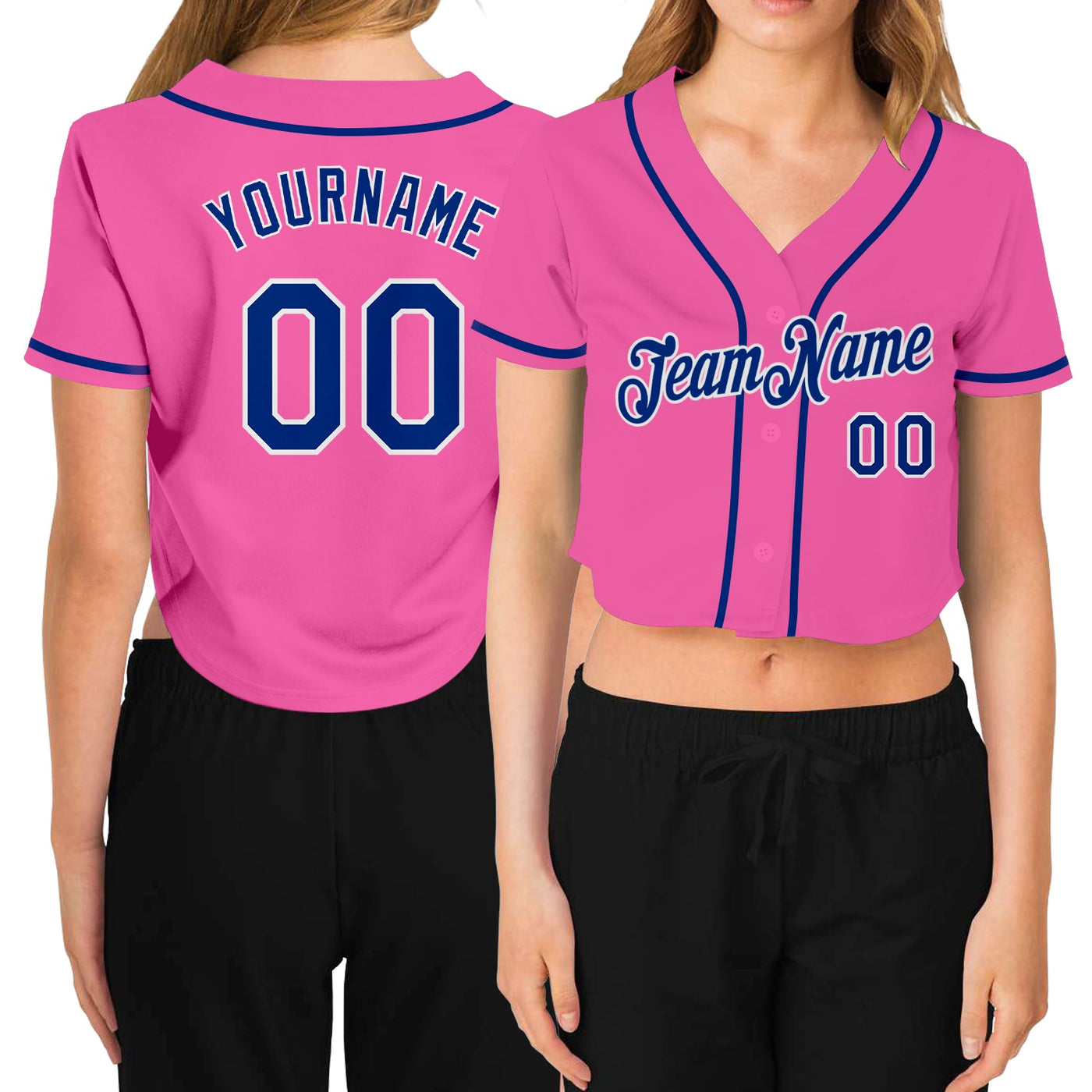 Custom Women's Pink Royal-White V-Neck Cropped Baseball Jersey - Owls Matrix LTD