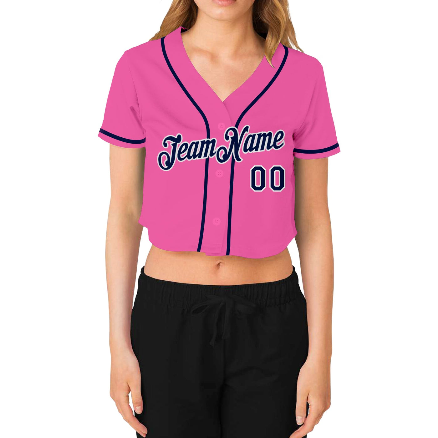 Custom Women's Pink Navy-White V-Neck Cropped Baseball Jersey - Owls Matrix LTD