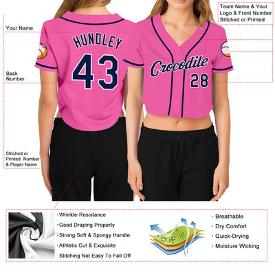 Custom Women's Pink Navy-White V-Neck Cropped Baseball Jersey - Owls Matrix LTD