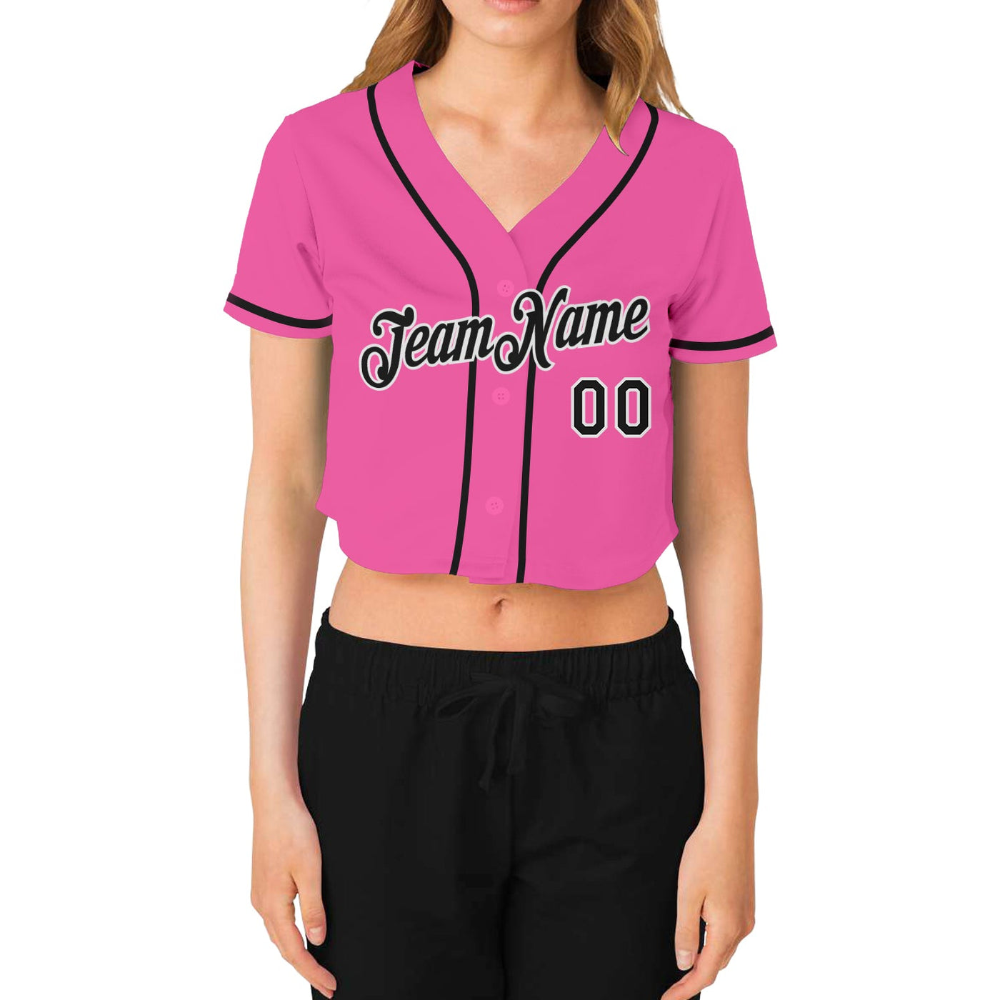 Custom Women's Pink Black-White V-Neck Cropped Baseball Jersey - Owls Matrix LTD