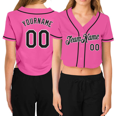 Custom Women's Pink Black-White V-Neck Cropped Baseball Jersey - Owls Matrix LTD