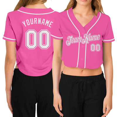 Custom Women's Pink White V-Neck Cropped Baseball Jersey - Owls Matrix LTD