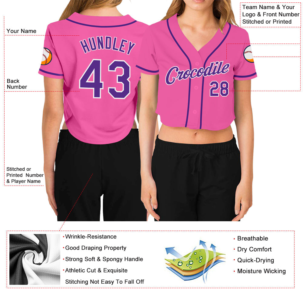 Custom Women's Pink Purple-White V-Neck Cropped Baseball Jersey - Owls Matrix LTD