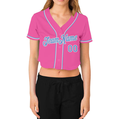Custom Women's Pink Light Blue-White V-Neck Cropped Baseball Jersey - Owls Matrix LTD