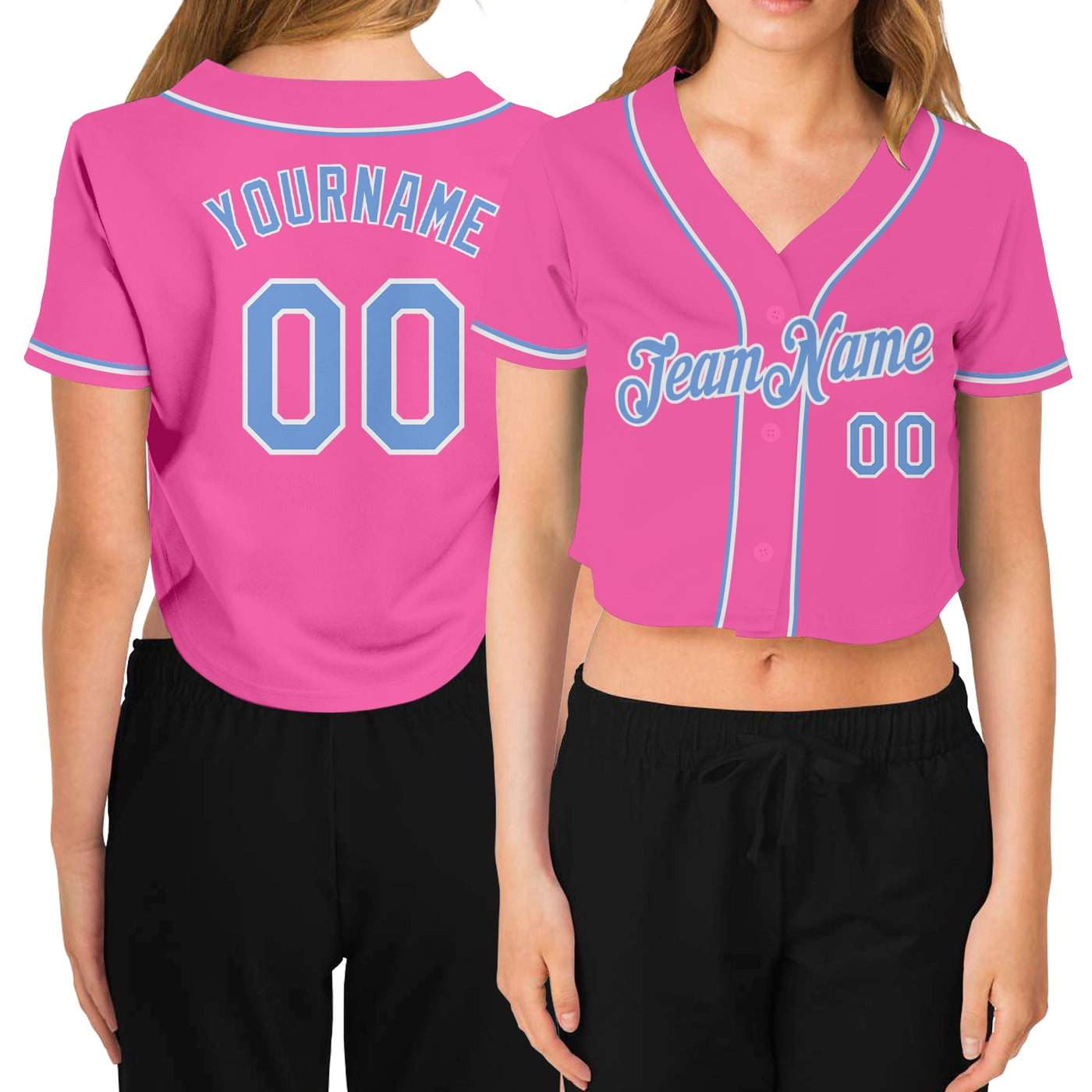 Custom Women's Pink Light Blue-White V-Neck Cropped Baseball Jersey - Owls Matrix LTD