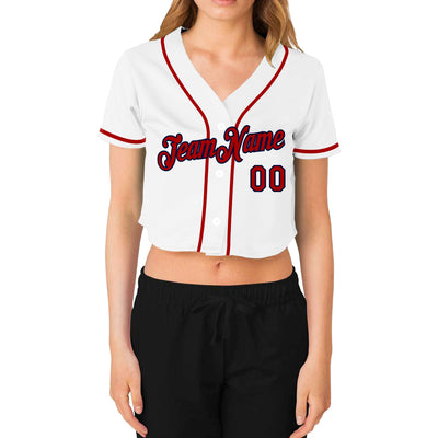 Custom Women's White Red-Navy V-Neck Cropped Baseball Jersey - Owls Matrix LTD