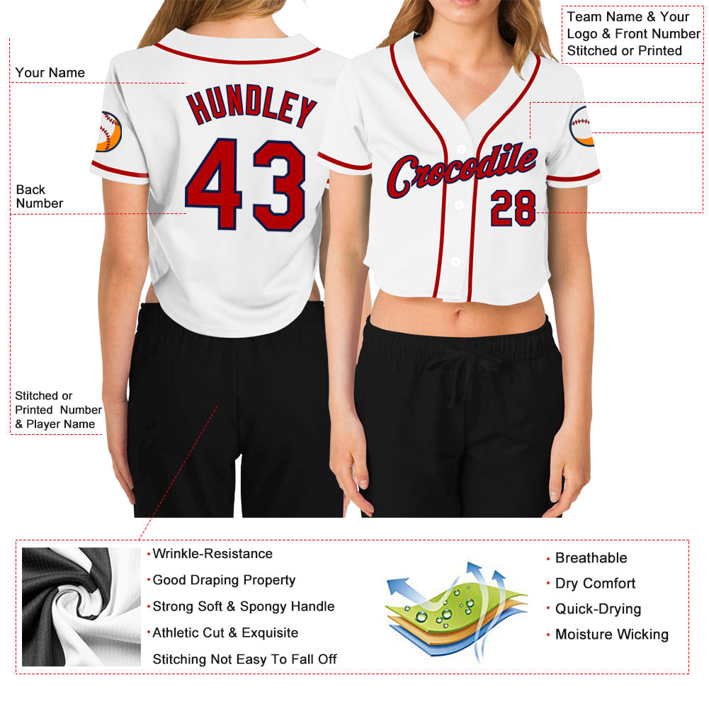 Custom Women's White Red-Navy V-Neck Cropped Baseball Jersey - Owls Matrix LTD