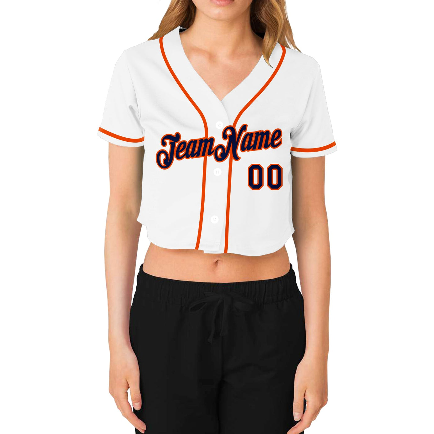Custom Women's White Navy-Orange V-Neck Cropped Baseball Jersey - Owls Matrix LTD