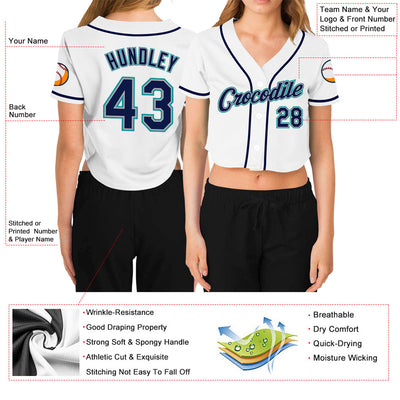 Custom Women's White Navy Gray-Aqua V-Neck Cropped Baseball Jersey - Owls Matrix LTD