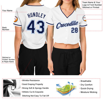 Custom Women's White Navy-Light Blue V-Neck Cropped Baseball Jersey - Owls Matrix LTD