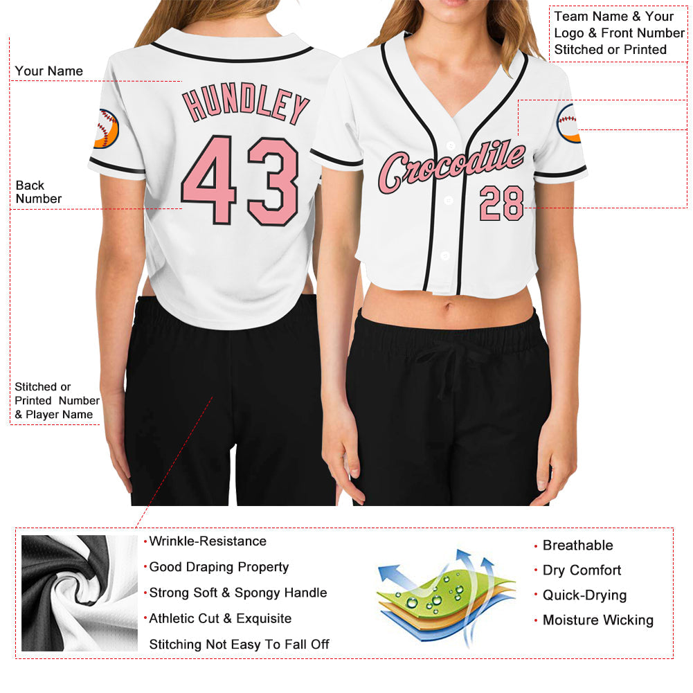 Custom Women's White Pink-Black V-Neck Cropped Baseball Jersey - Owls Matrix LTD