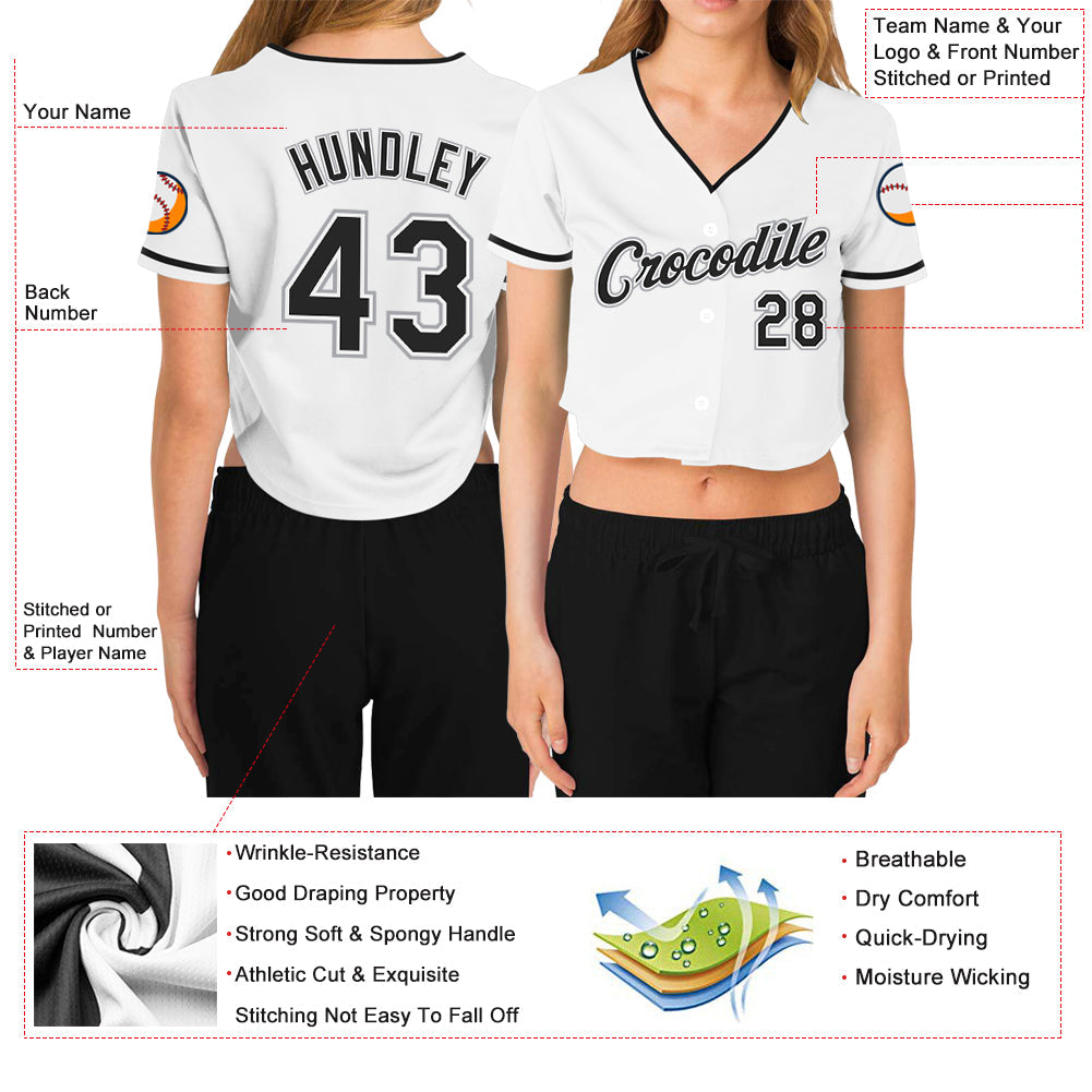 Custom Women's White Black-Gray V-Neck Cropped Baseball Jersey - Owls Matrix LTD