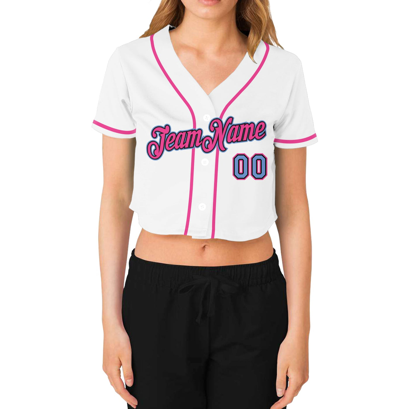 Custom Women's White Light Blue Black-Pink V-Neck Cropped Baseball Jersey - Owls Matrix LTD