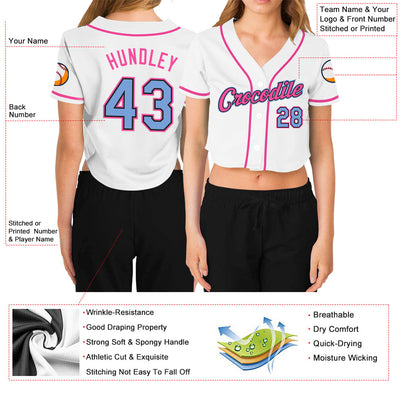 Custom Women's White Light Blue Black-Pink V-Neck Cropped Baseball Jersey - Owls Matrix LTD