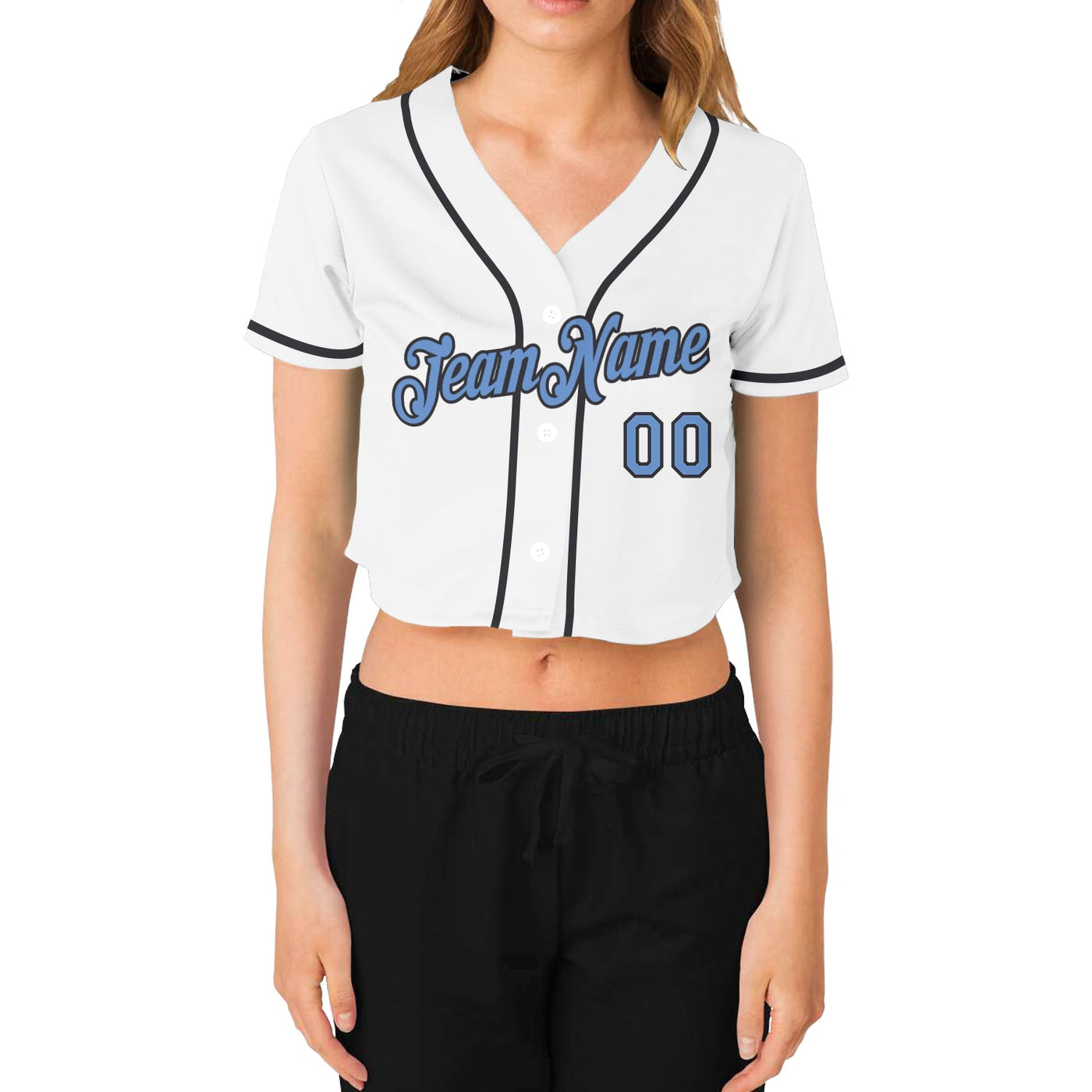 Custom Women's White Light Blue-Dark Gray V-Neck Cropped Baseball Jersey - Owls Matrix LTD