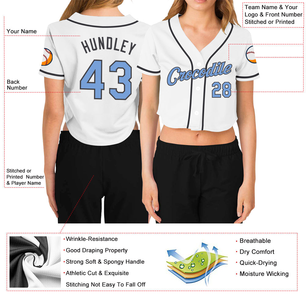 Custom Women's White Light Blue-Dark Gray V-Neck Cropped Baseball Jersey - Owls Matrix LTD