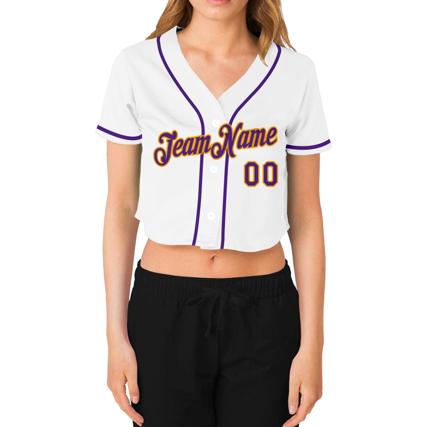 Custom Women's White Purple-Gold V-Neck Cropped Baseball Jersey - Owls Matrix LTD