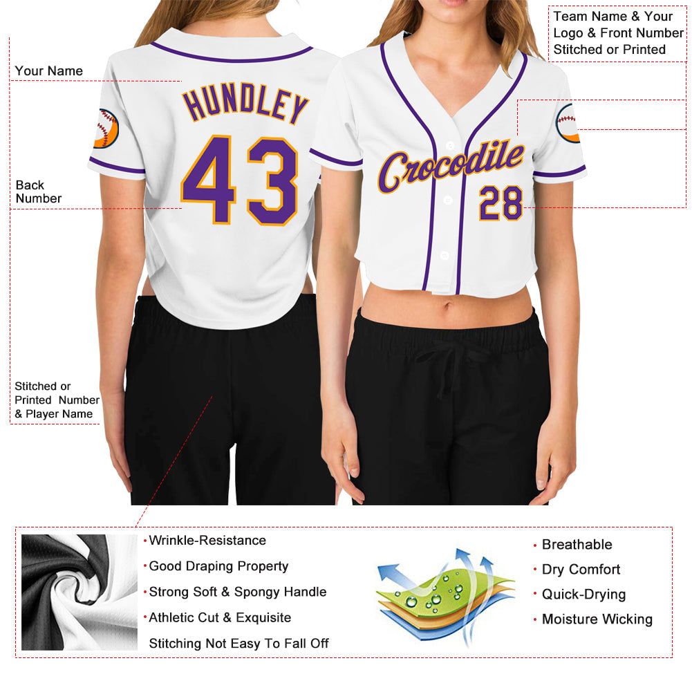 Custom Women's White Purple-Gold V-Neck Cropped Baseball Jersey - Owls Matrix LTD