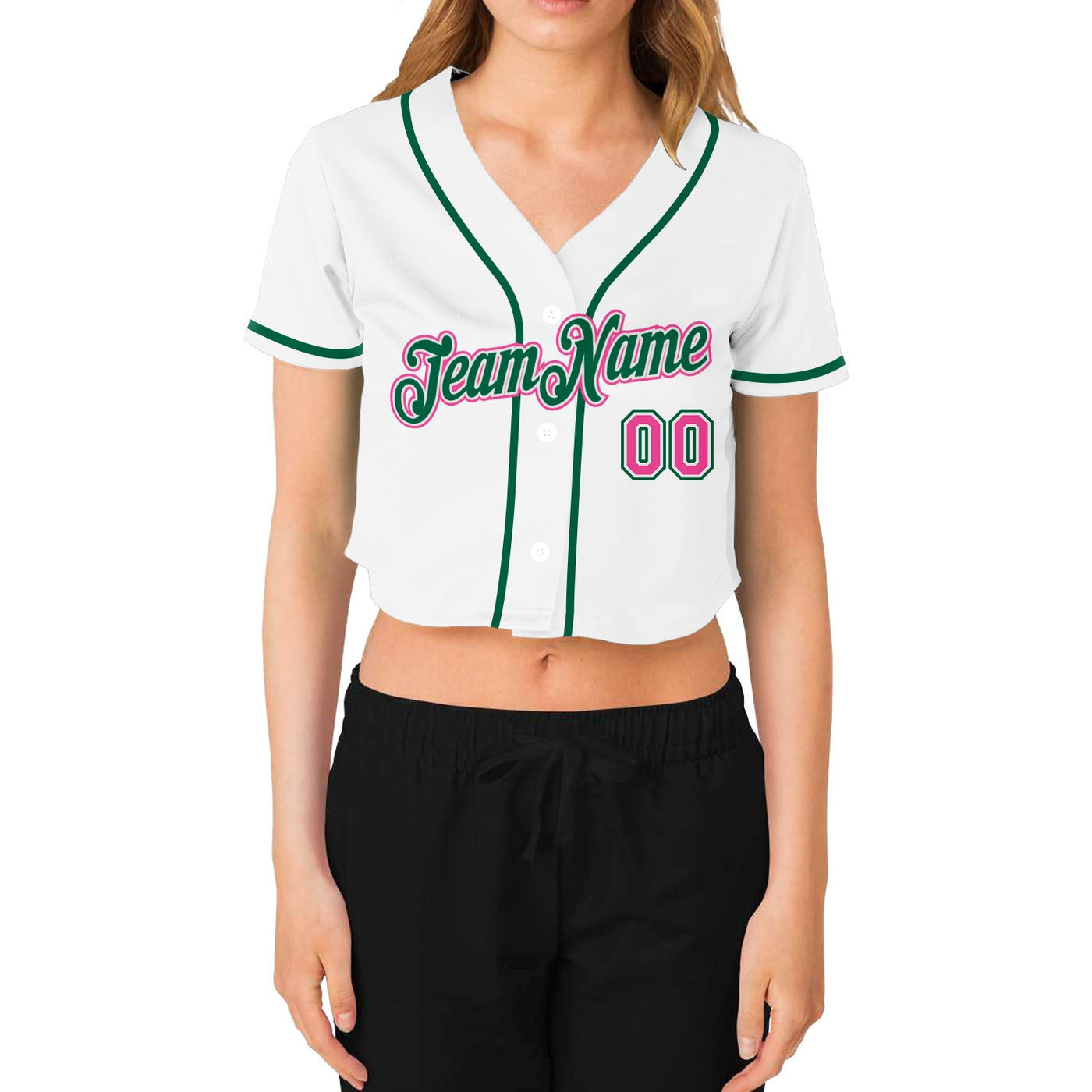 Custom Women's White Pink-Green V-Neck Cropped Baseball Jersey - Owls Matrix LTD