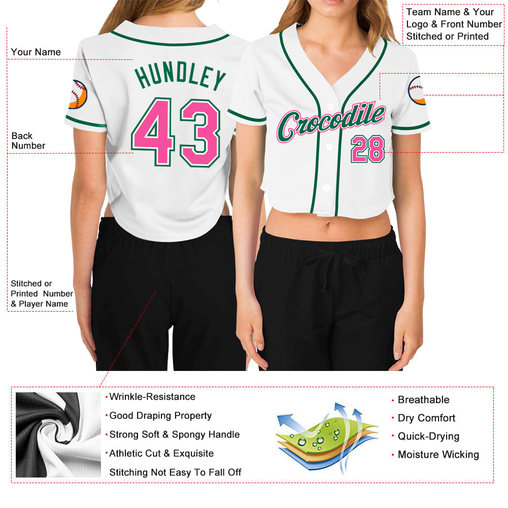Custom Women's White Pink-Green V-Neck Cropped Baseball Jersey - Owls Matrix LTD
