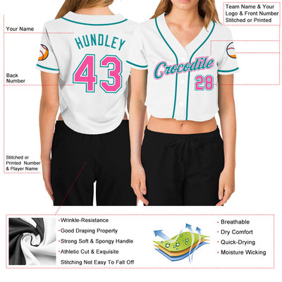 Custom Women's White Pink-Aqua V-Neck Cropped Baseball Jersey - Owls Matrix LTD