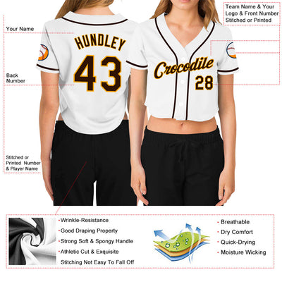 Custom Women's White Brown-Gold V-Neck Cropped Baseball Jersey - Owls Matrix LTD