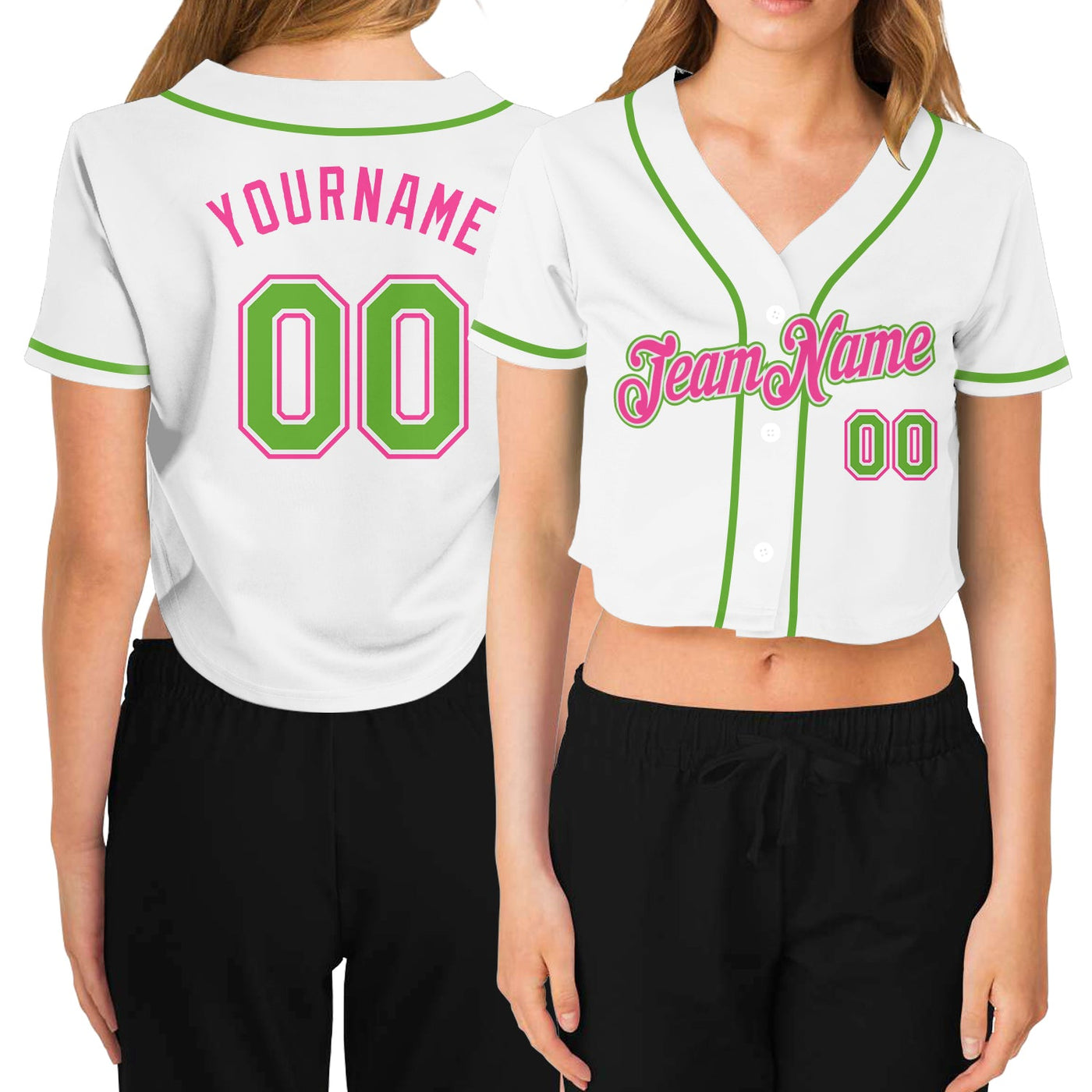 Custom Women's White Neon Green-Pink V-Neck Cropped Baseball Jersey - Owls Matrix LTD