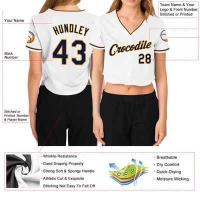 Custom Women's White Navy-Gold V-Neck Cropped Baseball Jersey - Owls Matrix LTD