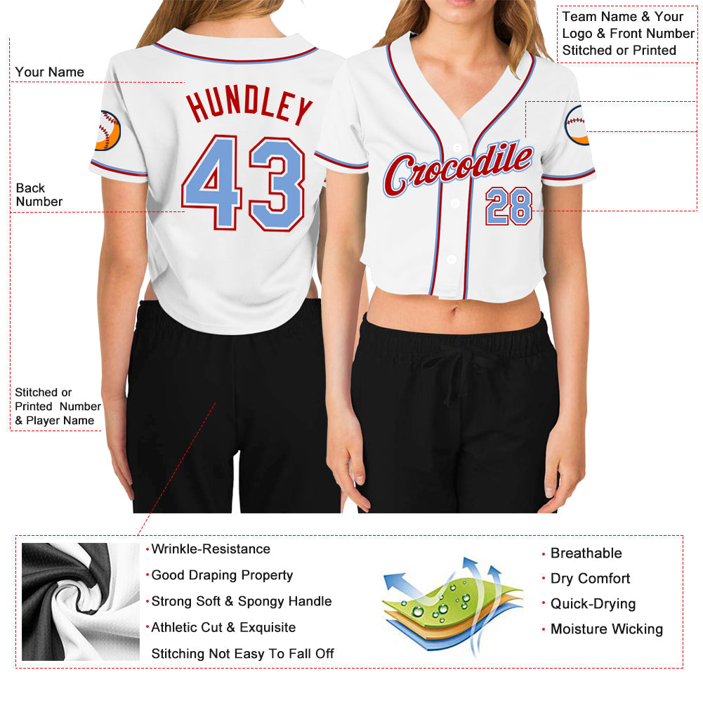 Custom Women's White Light Blue-Red V-Neck Cropped Baseball Jersey - Owls Matrix LTD
