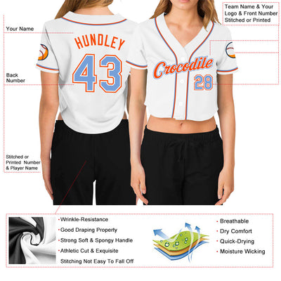 Custom Women's White Light Blue-Orange V-Neck Cropped Baseball Jersey - Owls Matrix LTD